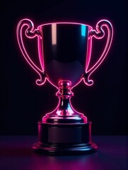 A shiny trophy cup glows with pink neon light, representing success and accomplishment.