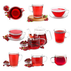 Cranberry tea isolated on white, set. Top and side view