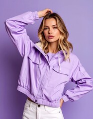 Woman Posing in Purple Jacket on Background