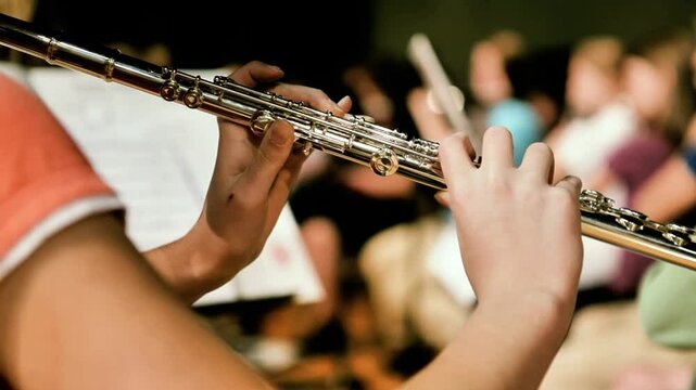 Close up of girl playing flute in high school band 