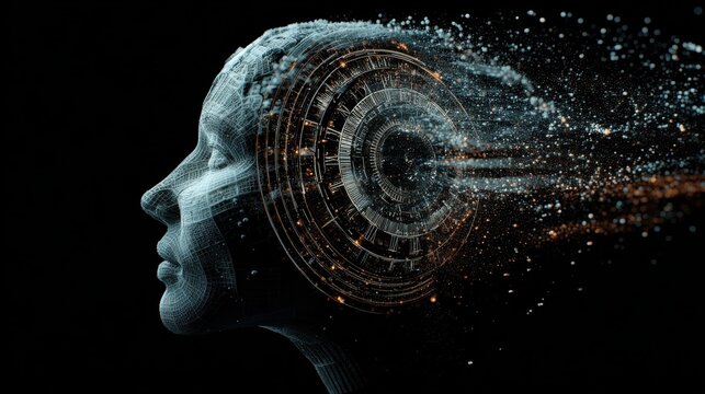 Abstract digital head profile with horoscopic wheel on dark backdrop. Fortune and future concept. 3D Rendering , no logos, no brands