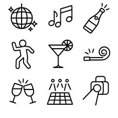 Party Elements Icons. Outline style icons of Party Elements: disco ball, music notes, champagne bottle, dancing person, cocktail
