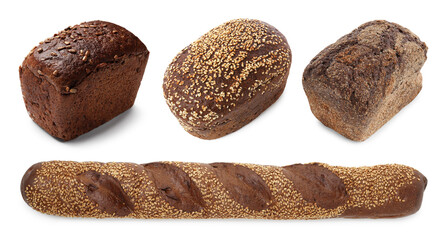 Different types of fresh bread on white background, collage