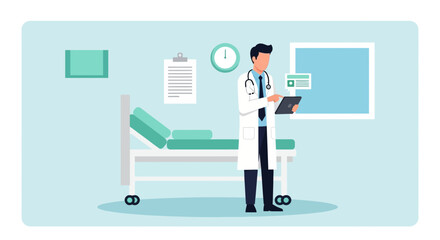 Obraz premium Doctor Inspects Patient Records On Tablet Device In Hospital Room Setting