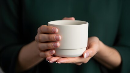 Woman in Green Knit Sweater Holding a Blank White Mug