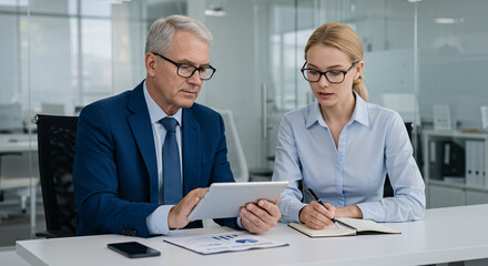 Two Business Professionals Collaborating on a Project with a Digital Tablet