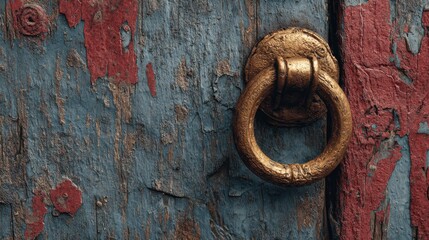 Close-up of weathered wooden door with old brass knocker, showing scratches and paint peeling, texture, worn