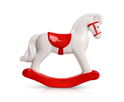 white Christmas toy horse with a red saddle is highlighted on a transparent background. - Powered by Adobe