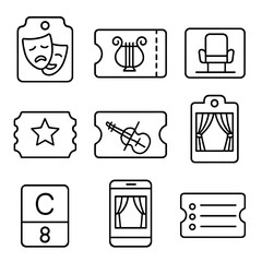 Theater Ticket Icons. Outline style icons of Theater and Performing Arts Ticketing: drama mask pass, opera ticket, seat