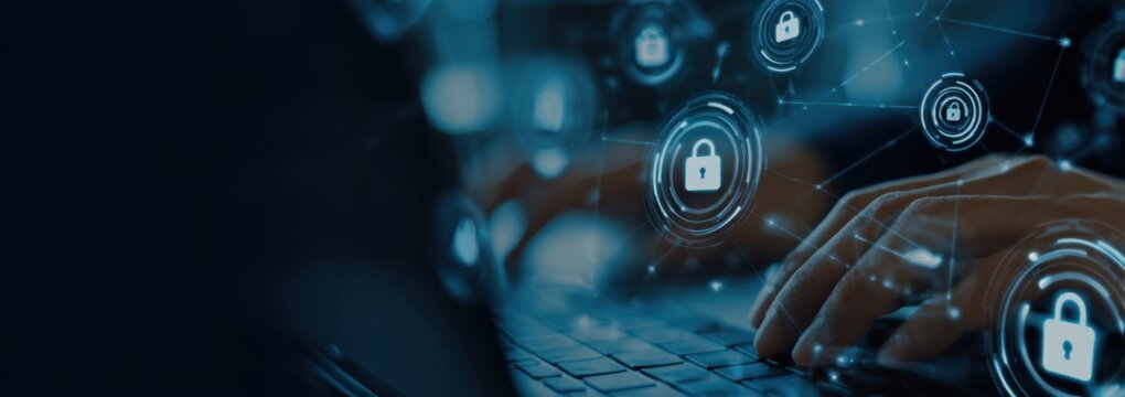 A banner featuring digital security symbols like padlock icons and connection lines, with an out-of-focus background of hands typing on a keyboard or smartphone screen Generative AI