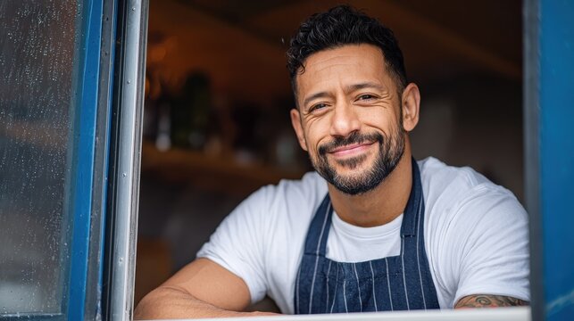 Hispanic man serving take away food inside food truck - Focus on chef face, no logos, no brands