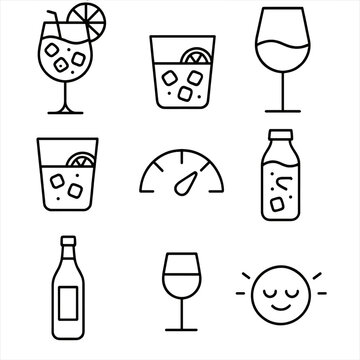 Low ABV Cocktail Icons. Outline style icons of Low ABV Cocktails: spritz glass, vermouth tonic, wine cocktail, session drink, low