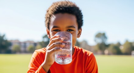 A young boy drinks a refreshing glass of water on a sunny day