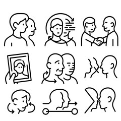 Time Paradox Icons. Outline style icons of Personal Time Paradox: younger self with older self outline, identity loop, mirrored