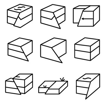 Earthquake Fault Icons. Outline style icons of Earthquake Fault Types: normal fault, reverse fault, strike-slip fault, thrust