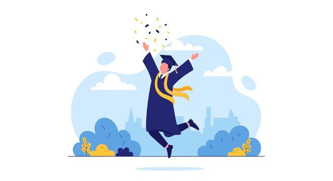 Joyful Graduate Leaping In Celebration Of Academic Achievement With Confetti - Powered by Adobe