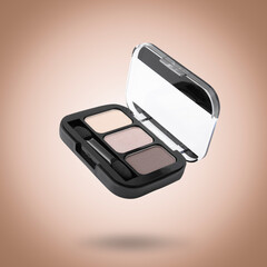 Eyeshadow palette flying against beige gradient background. Decorative cosmetic product