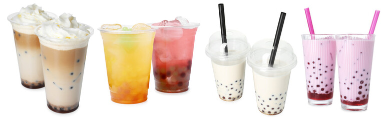 Bubble tea of different flavors on white background, set