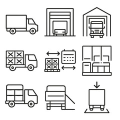 Logistics Icons Collection. Outline style icons of Truck Parking and Logistics: truck at depot, loading dock, truck inside