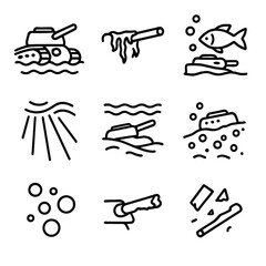 Sunken Tank Icons. Outline style icons of Sunken Tank Remains: submerged turret in water, algae growth on cannon, fish near wreck,
