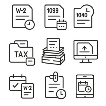 Tax Form Icons. Outline style icons of Tax Form Timeline: W-2 with date, 1099 due date, 1040 schedule icon, tax folder with form