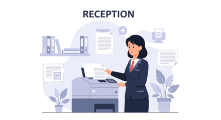 Professional Woman Handling Document Workflow at Office Reception Illustration