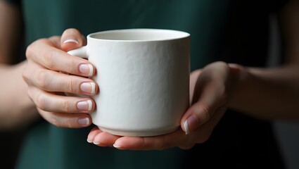 Woman in Green Knit Sweater Holding a Blank White Mug