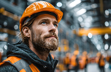 Industrial worker wearing orange safety helmet vest stands in factory. Man focuses, workplace hazard awareness, accident prevention. Concept of safety regulations. Worker, construction, engineer,