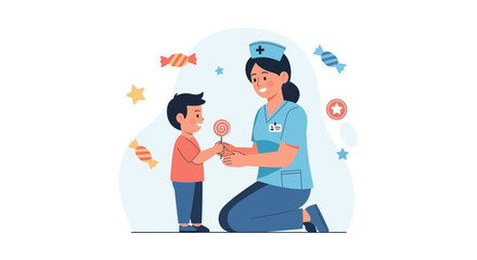 Kind Nurse Gives a Lollipop to a Little Boy in a Friendly Manner