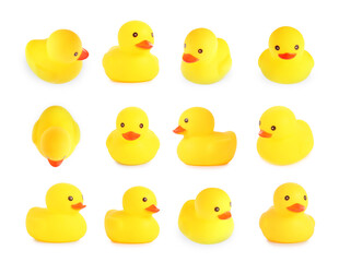 Cute rubber ducks on white background, collage