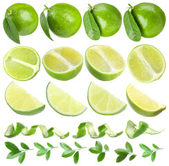 Fresh lime fruits, green leaves and peel isolated on white, set
