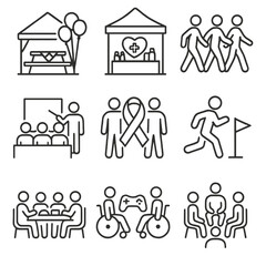 Fototapeta premium Community Event Icons. Outline style icons of Support Community Events: community picnic, wellness fair booth, group walk event,