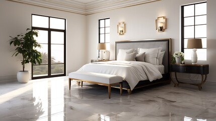 Modern classic bedroom with polished gray marble floors, tan walls, floating nightstands, and a sunlit window,