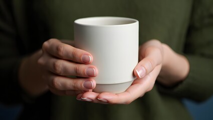 Woman in Green Knit Sweater Holding a Blank White Mug