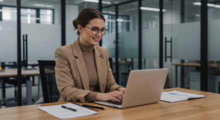 A Happy Businesswoman Using a Computer App for Online Work in a Modern Office