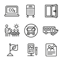 Clean-Air School Measures. Line style icons of School Clean-Air Measures: classroom CO₂ monitor, HEPA purifier cart, open window