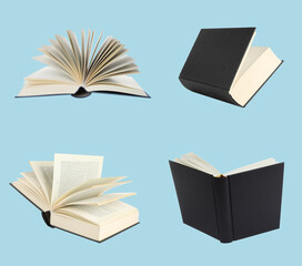 Hardcover book against light blue background, collage