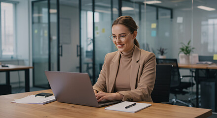 A Happy Businesswoman Using a Computer App for Online Work in a Modern Office
