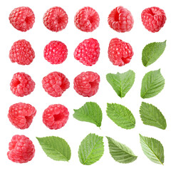 Fresh raspberries and green leaves on white background, collage