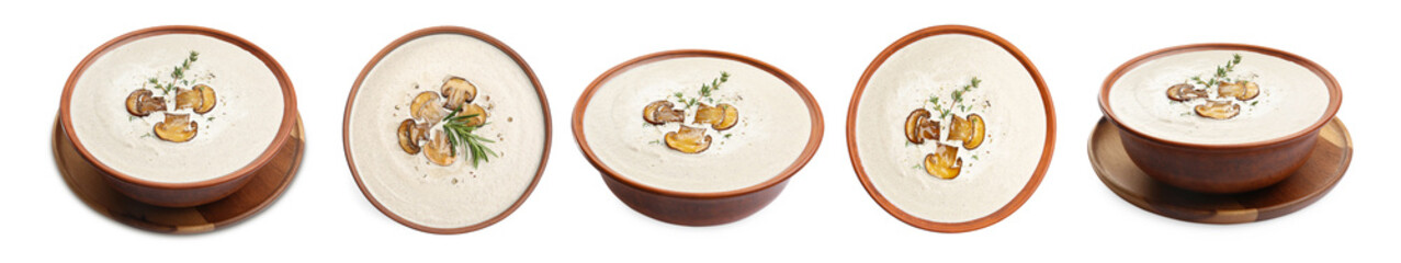 Delicious mushroom cream soup on white background, collage. Top and side view