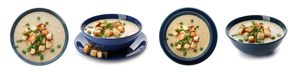 Delicious mushroom cream soup on white background, collage. Top and side view