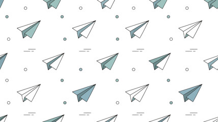 A seamless pattern of paper airplanes with dots and dashes on a white background