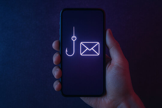 Digital Deception: A hand delicately holds a smartphone displaying an illuminated phishing concept, the glowing email symbol hanging precariously from a fishing hook.