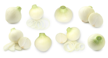 Fototapeta premium Fresh ripe onions on white background, collage