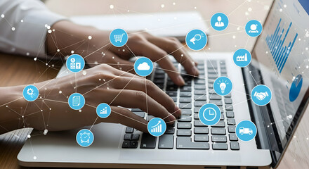Hands typing on a laptop with digital icons overlayed representing business and technology concepts