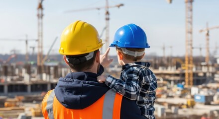 A father and son wearing hard hats look out over a construction site, dreaming of the future