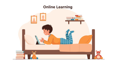 Fototapeta premium Boy Enjoys Distance Education Studying From Bed Using Tablet