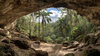 Obraz premium Cave opening into lush rainforest