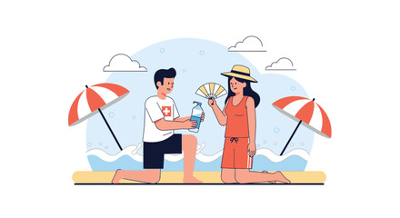 Obraz premium Refreshing Beach Day Scene With Woman And Man Offering Water Bottle