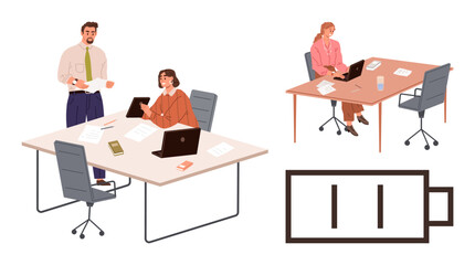 Office workers collaborating at desks with laptops, papers, and tablets. Low battery icon symbolizes exhaustion or reduced energy. Ideal for teamwork, productivity, fatigue, stress, deadlines energy